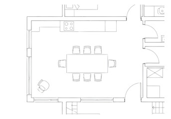 Architectural Floor Plan Rendering Of An Open Concept Dining Room With Integrated Kitchen Layout Featuring Simple Furniture Arrangement furniture