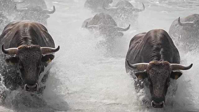 Herd of wildebeest running through a river during migration.