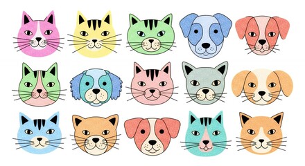 Naklejka premium Colorful cat and dog faces in various cute cartoon styles
