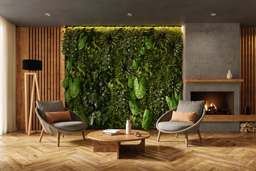 Fototapeta premium Vertical Green Wall in modern living room interior, 3d render