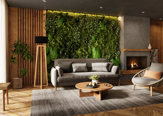 Fototapeta premium Vertical Green Wall in modern living room interior, 3d render
