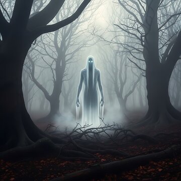 A ghostly figure stands in a misty forest