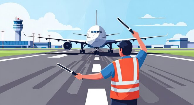 An airport ground crew member wearing a safety vest directs a large passenger airplane on the runway using marshalling wands