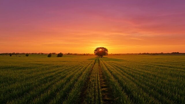 Vibrant orange purple sky framing dramatic agricultural landscape sunset. Solitary tree silhouetted, green crop rows extend toward horizon, evoking tranquil peace and natural beauty