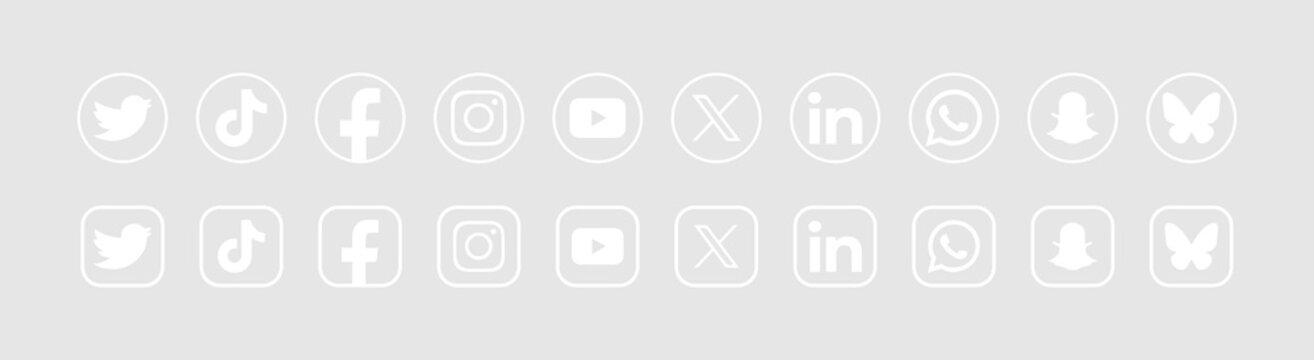 Social media logos in white circles and squares, popular social media icons collection, vector button set 2026