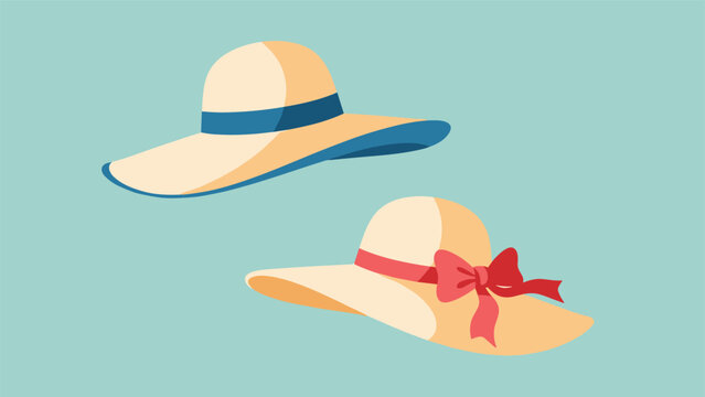 Pair of wide-brimmed straw hats for women in light colors decorated with blue and red ribbons for summer beach fashion and sun protection.
