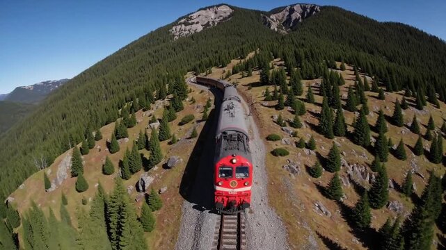 Aerial view of red train winding through alpine pine forest, vintage locomotive pulling carriages along curved mountain railway under clear blue sky panoramic vistas, rocky ridges and remote solitude