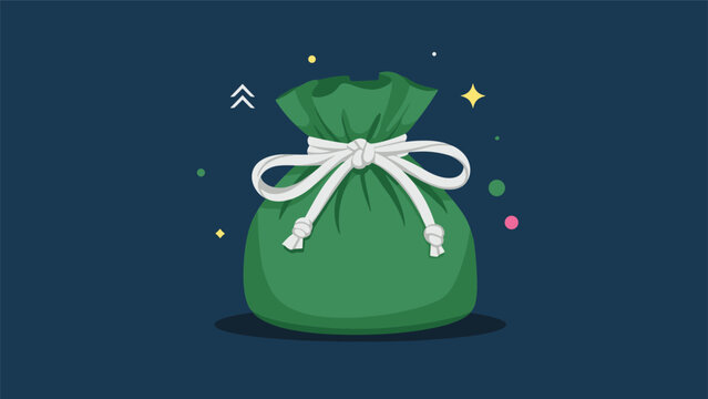 Green drawstring bag or pouch tied with a white rope, featuring decorative stars and dots on a dark blue background illustration.