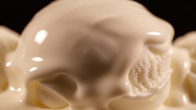Creamy vanilla ice cream melting on a dark background, captured in a close-up view