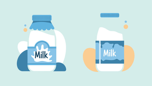 Two different styles of milk bottles in blue and white colors with splashes and bubbles on a soft blue background for dairy.