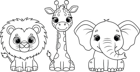 Cute baby safari animals coloring page with lion, giraffe and elephant, adorable cartoon line art illustration for kids coloring book and nursery designs © Jahangir