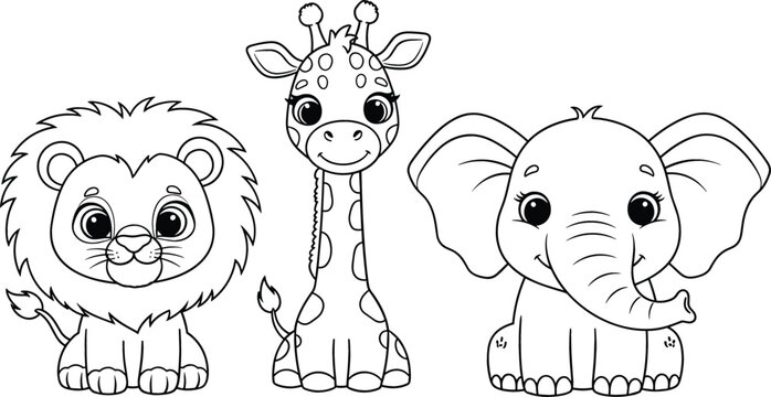 Cute baby safari animals coloring page with lion, giraffe and elephant, adorable cartoon line art illustration for kids coloring book and nursery designs