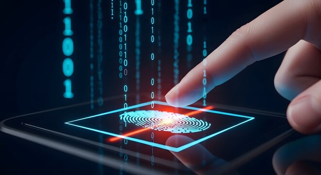 Biometric fingerprint scanner with digital binary code. Cybersecurity and personal identity authentication. Finger touching a glowing scanner pad on a tablet with data streams