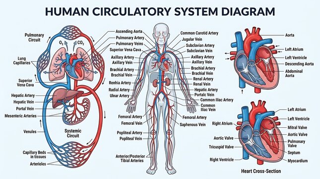 Detailed Human Circulatory System Diagram with Vessels and Heart