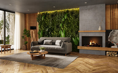 Fototapeta premium Vertical Green Wall in modern living room interior, 3d render
