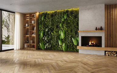 Fototapeta premium Vertical Green Wall in modern living room interior, 3d render