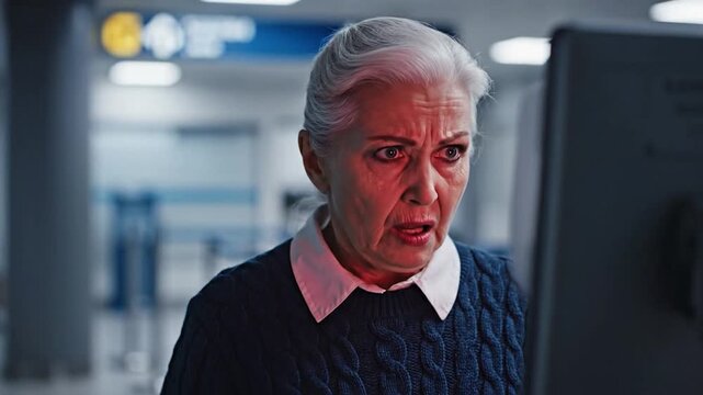 Elderly woman frustrated by computer screen