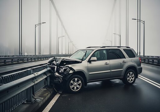 Damaged silver SUV car crash accident scene on a misty highway bridge at daytime