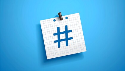 Fototapeta premium A square grid-lined paper, pinned to a bright blue background. The paper features a prominent blue hashtag symbol, a common social media element