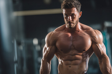 Fototapeta premium A muscular man showcasing his toned physique in a modern gym environment