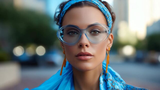Young caucasian female with blue headband and glasses in urban setting