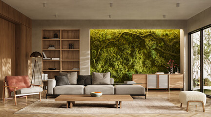 Fototapeta premium Vertical Green Wall in modern living room interior, 3d render
