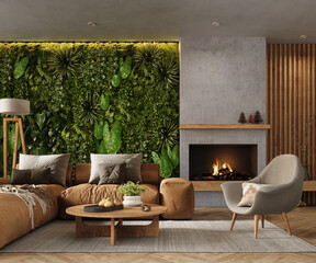 Fototapeta premium Vertical Green Wall in modern living room interior, 3d render