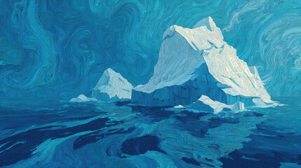 Arctic iceberg floats with hidden danger below concept. A beautiful icy landscape featuring an iceberg in blue waters.