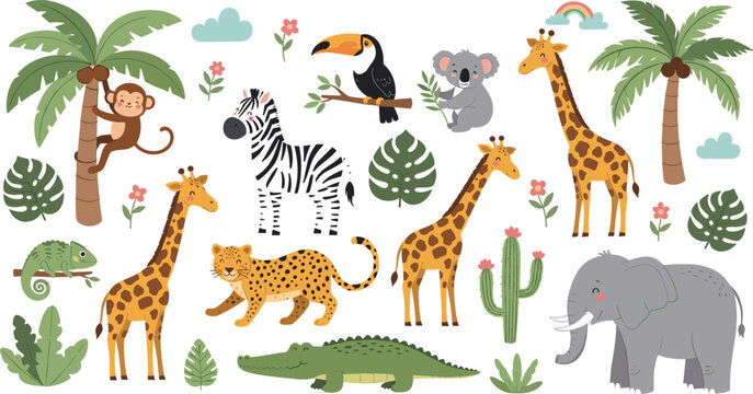 Cute jungle and safari animals vector illustration with giraffe elephant zebra monkey toucan crocodile and tropical plants for kids design