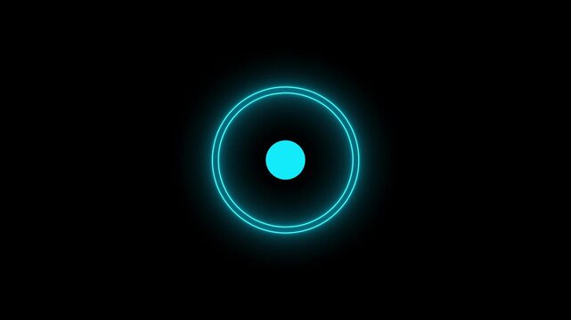 Neon A bright cyan concentric circle with a solid cyan dot in the center against a deep black background.