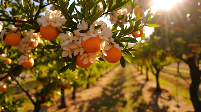 Glowing orange blossoms on a tree touched by sunlight in a sprawling orange grove