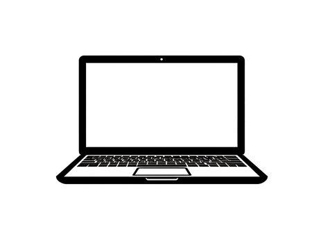 A simple black and white vector graphic shows a laptop computer from a front-on perspective, open and ready for use