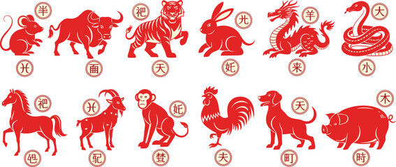 Chinese zodiac animals red silhouette vector set with rat ox tiger rabbit dragon snake horse goat monkey rooster dog pig symbols © Jahangir