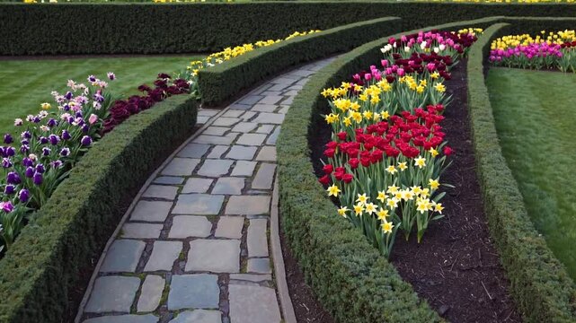 Curved cobblestone path with tulips, manicured box hedges creating flowing borders, vivid red and yellow spring blooms, trimmed grass, stone paving pattern inviting gentle strolls, bright overcast