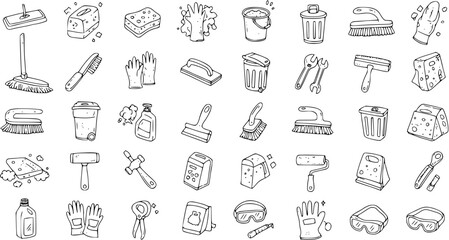 Fototapeta premium Cleaning Tools Doodle Set: Hand-Drawn Illustration of Essential Supplies for Home, Office, and Industrial Cleaning