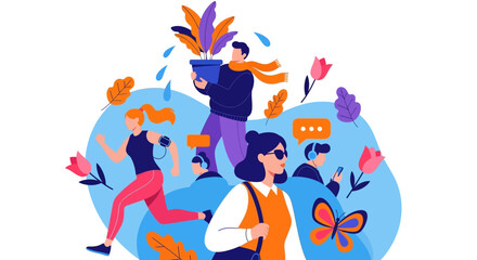 Modern Lifestyle & Wellness Illustration: Diverse People Engaging with Nature, Technology, and Daily Activities