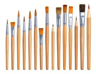 Fototapeta premium A collection of various sized art brushes and pencils isolated on a white background, arranged side by side