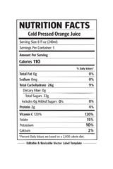 Nutrition facts label cold pressed orange juice cutout isolated illustration on transparent background layout