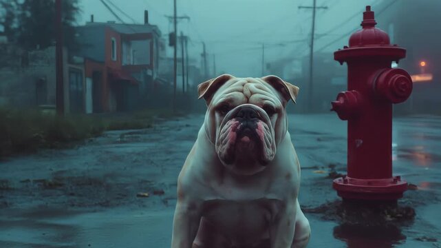 English bulldog sitting next to a red fire hydrant on a wet city alleyway after rain