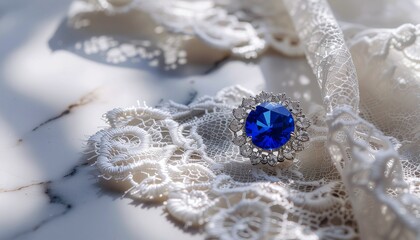 ジューンブライドを彩るサムシングブルーのサファイアブローチとレースの背景