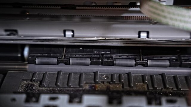 Closeup view of inkjet printer rollers spinning during device initialization. Paper feed mechanism rotating inside office printing equipment.