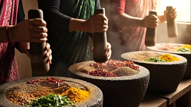 Hands grinding aromatic spices in traditional stone mortar and pestle bowls for authentic cooking.