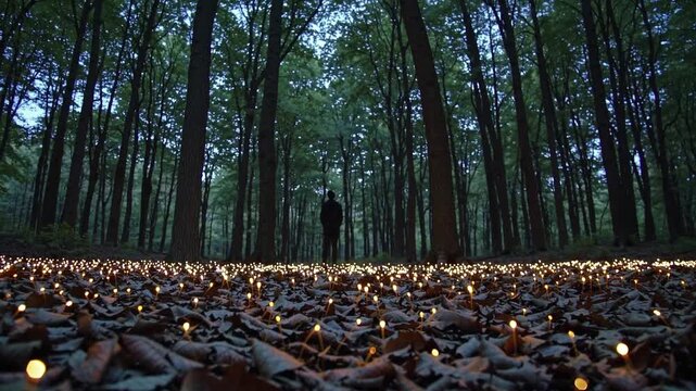forest floor scattered with twinkling fairy lights, low angle view of tiny golden lights on leaf litter with lone figure framed by tall trees, blue hour whimsy and intimate cinematic mood