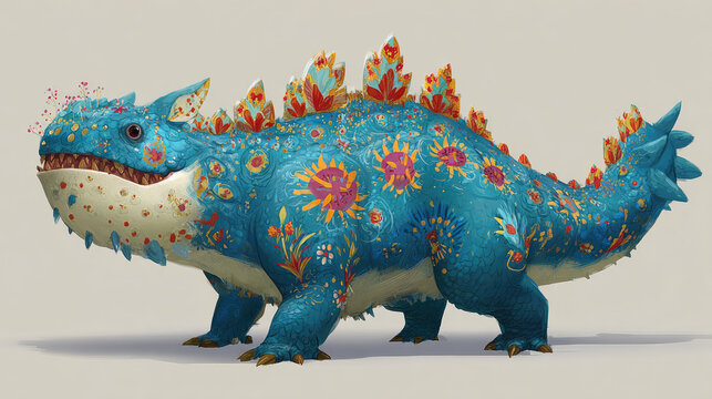 Monsters dance joyfully in whimsical night forest concept. A colorful, fantasy creature with floral patterns and vibrant colors.