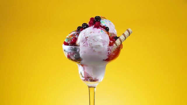 Fruit ice cream in a glass goblet covered with chocolate fudge slowly rotates around its axis