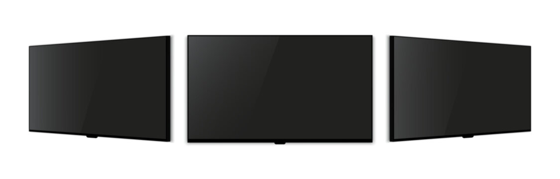 Realistic TV Screen Mockup Set Front and Side Perspective Views. Blank Television Display Vector Illustration