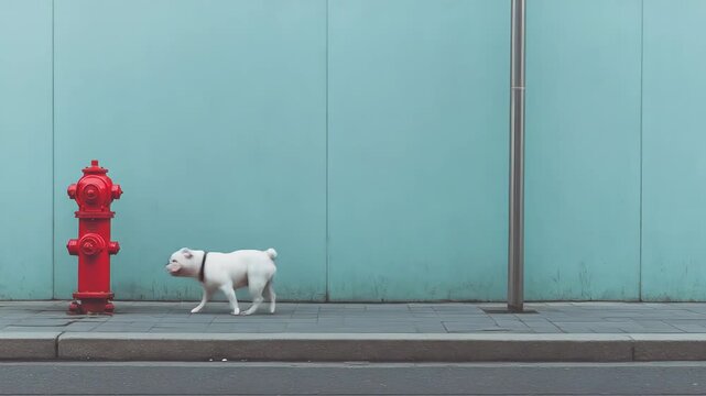 White dog playing with a red fire hydrant on a sidewalk against a minimalist light blue wall
