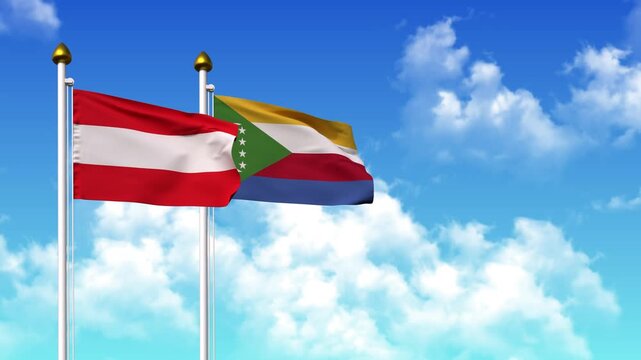 Waving flags of AUSTRIA and COMOROS on pole included with alpha