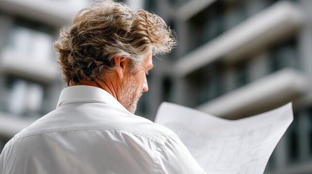 A professional architect or engineer from behind, reviewing blueprints against a blurred modern apartment building. High-end realistic photography emphasizing expertise and urban development.