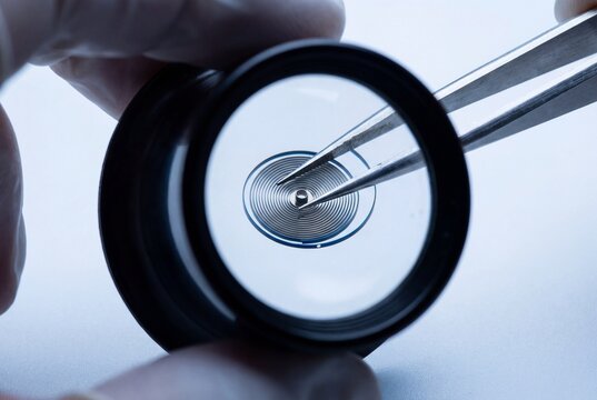 A watchmaker uses tweezers and a magnifying glass to adjust a tiny hairspring in the repair process of a sophisticated mechanical movement